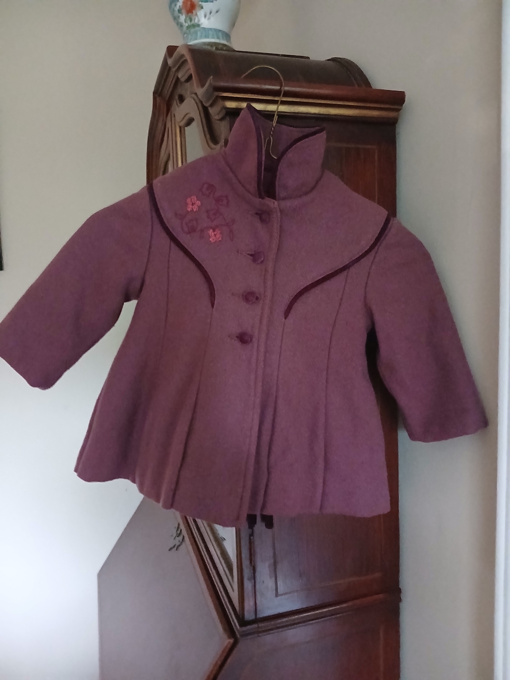 Rothschild Girls' Purple Pea Coat with Floral Embroidery And Hat